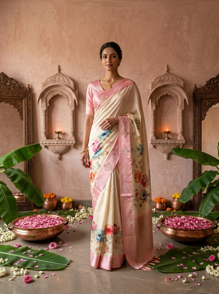 Pink Floral Printed Silk Saree