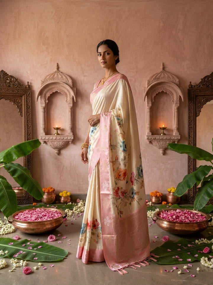 Pink Floral Printed Silk Saree