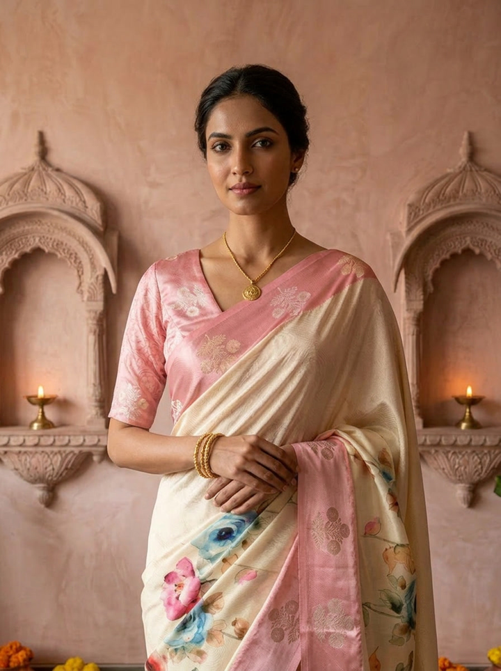 Pink Floral Printed Silk Saree