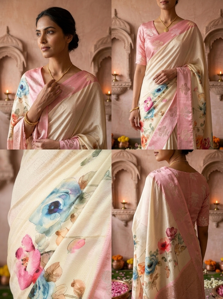 Pink Floral Printed Silk Saree