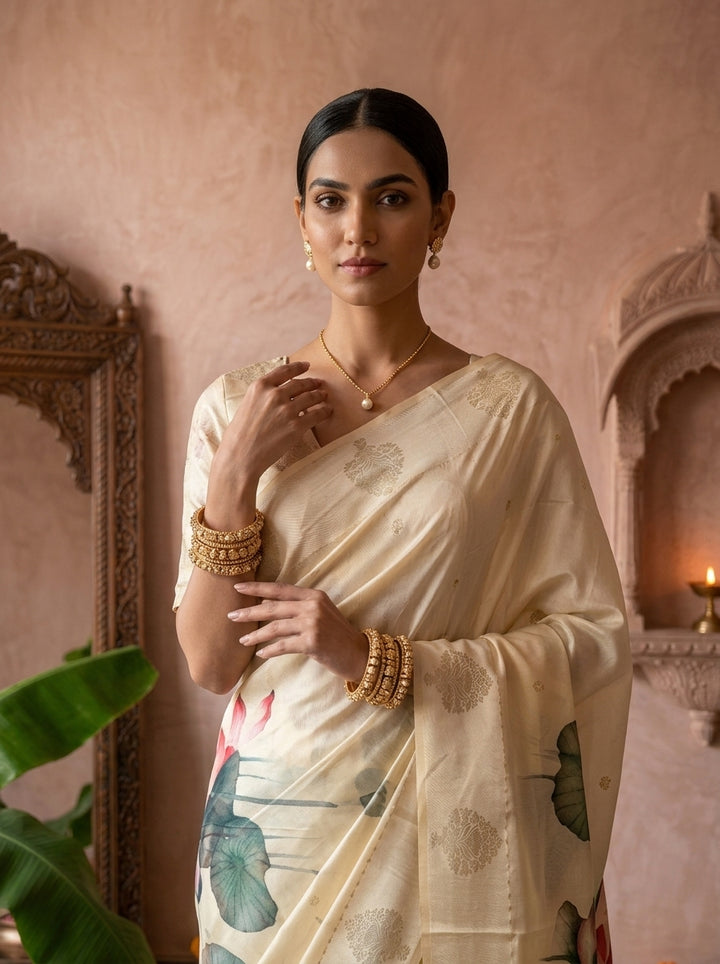 Green Floral Digital Printed Silk Saree