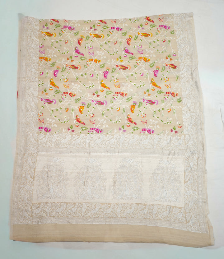 Cream Pure Handloom Tussar Saree With All Over MultiColour Birds