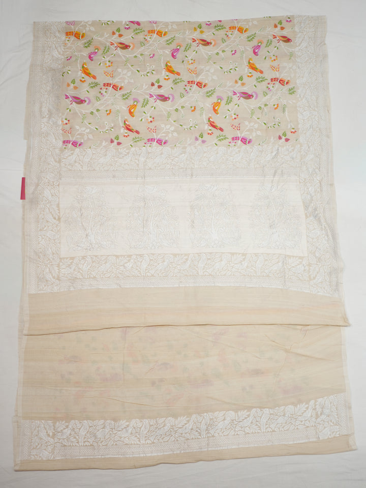 Cream Pure Handloom Tussar Saree With All Over MultiColour Birds