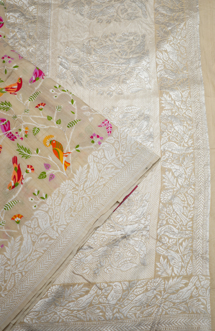 Cream Pure Handloom Tussar Saree With All Over MultiColour Birds