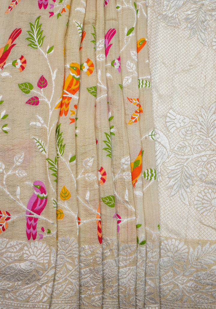 Cream Pure Handloom Tussar Saree With All Over MultiColour Birds
