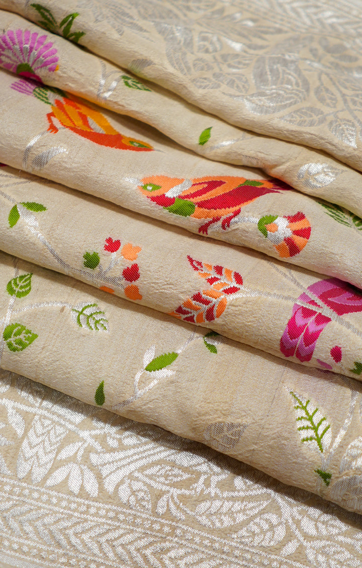 Cream Pure Handloom Tussar Saree With All Over MultiColour Birds