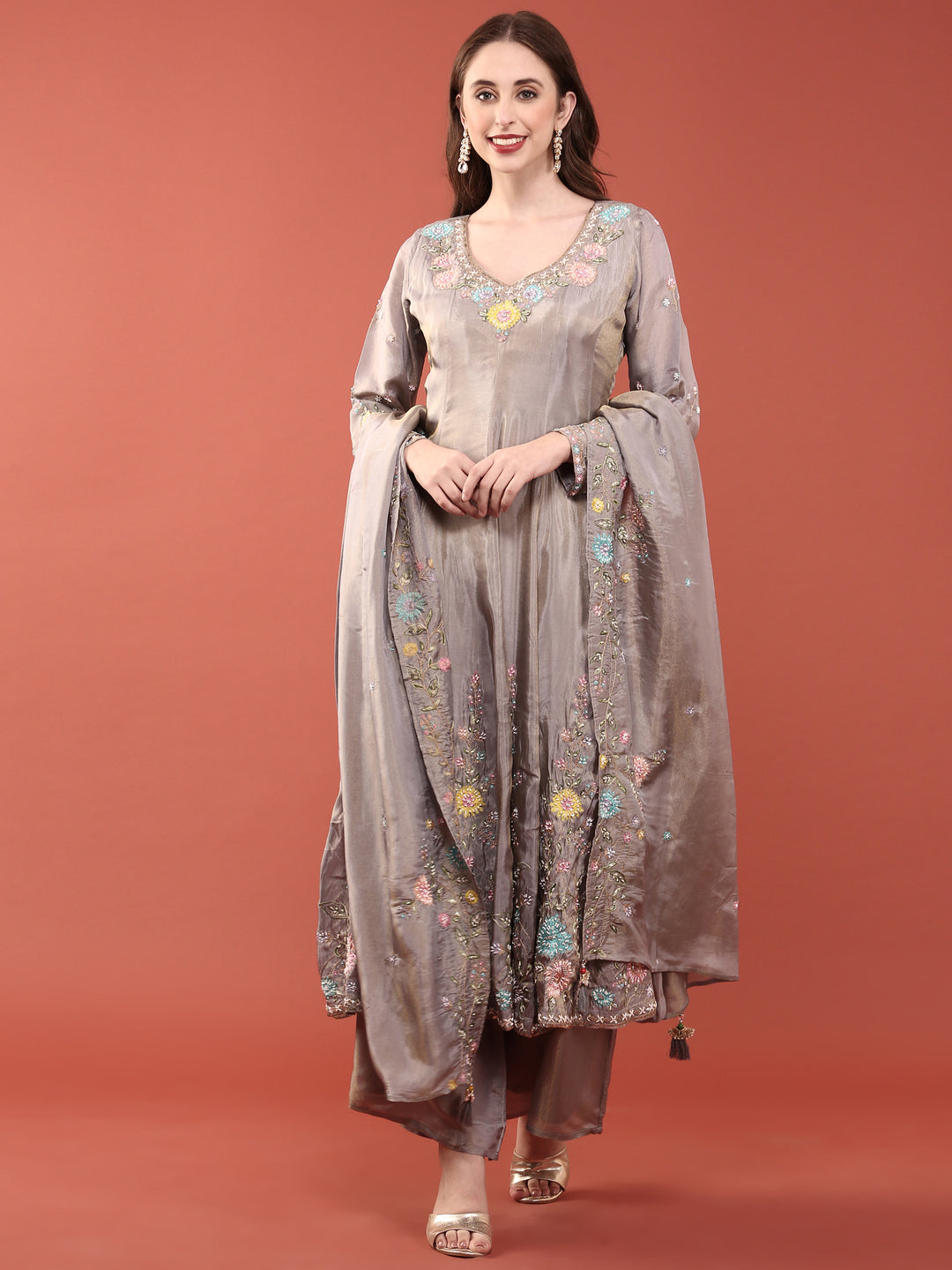 grey anarkali dress Timeless Grey Rayon Anarkali Suit With Gota Work And Dupatta