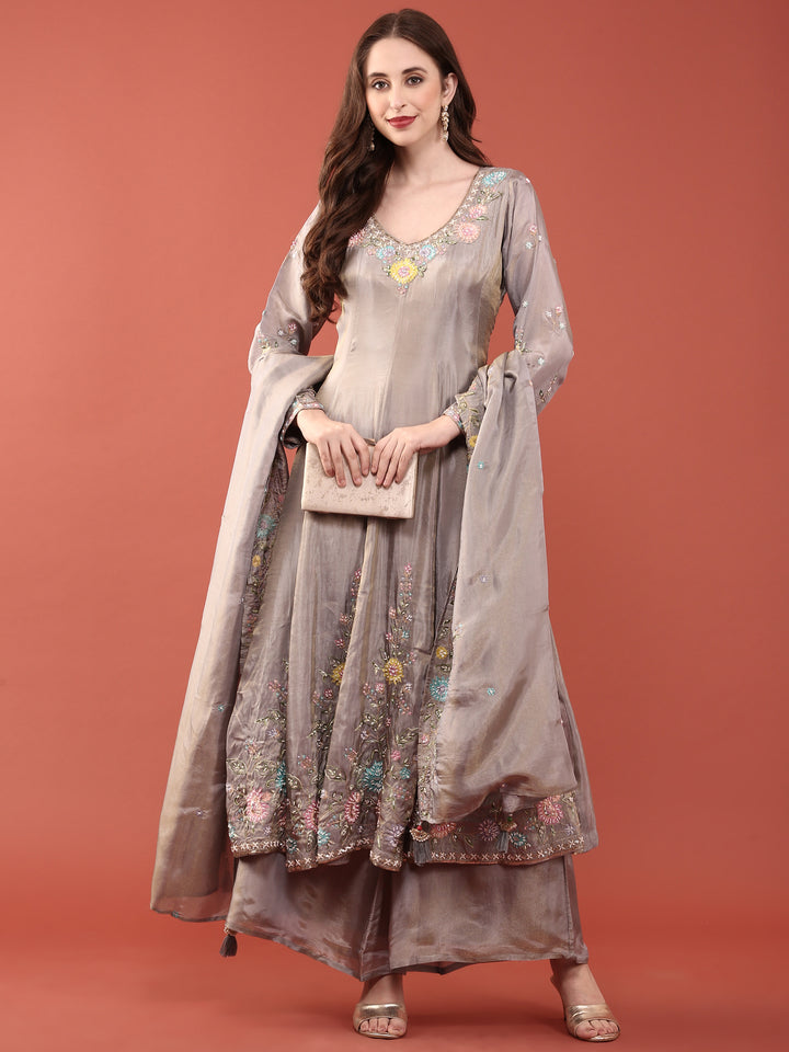Grey Tissue Embroidery Anarkali Set