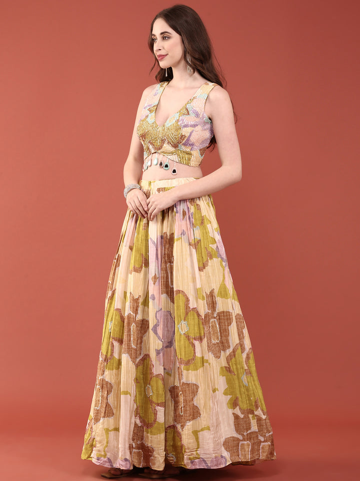 Variyali Green Chinnon Heavy Sequins Ghagra Set