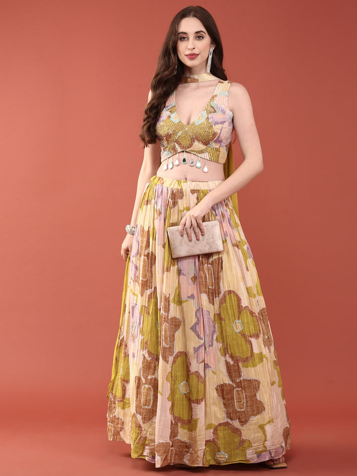 Variyali Green Chinnon Heavy Sequins Ghagra Set