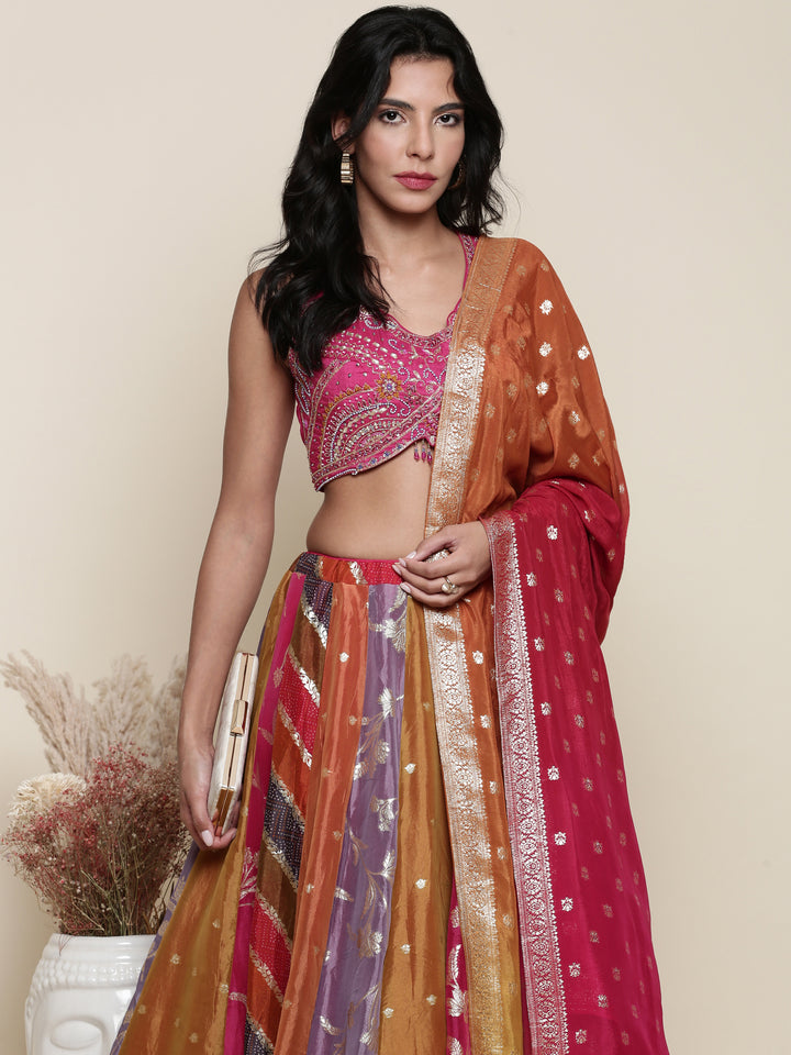 Organza multi color embroidered Three piece ghagra set