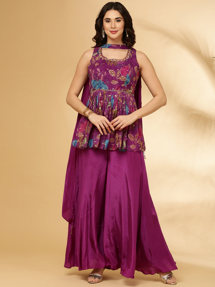Purple Printed Organza Palazzo Set