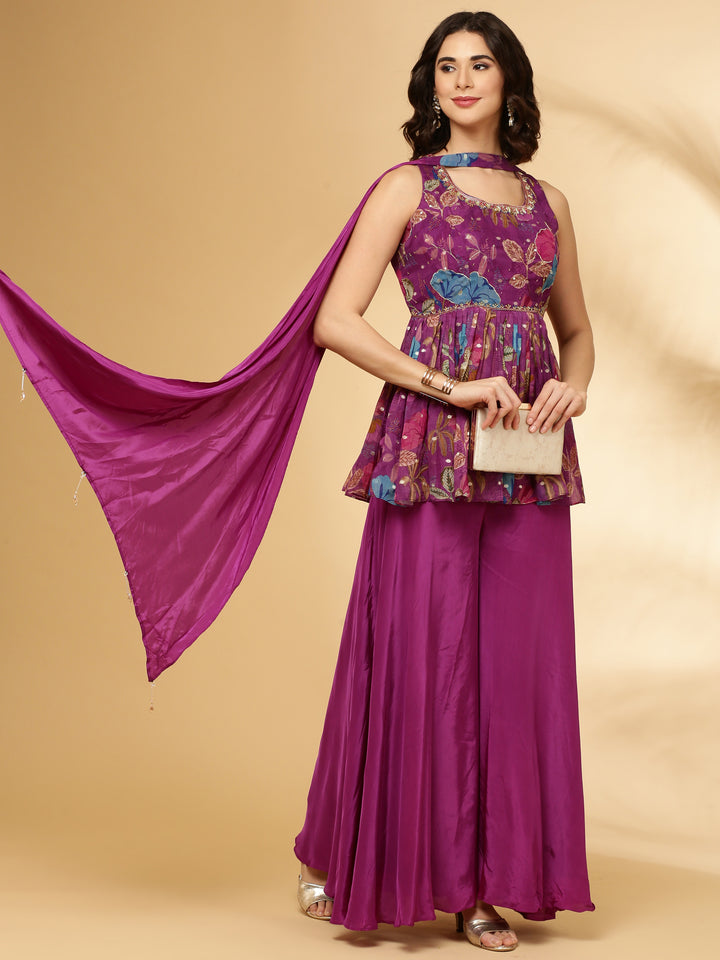 Purple Printed Organza Palazzo Set