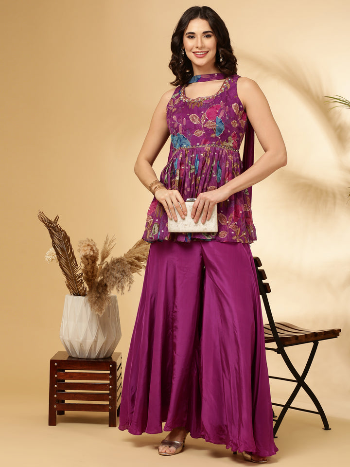 Purple Printed Organza Palazzo Set