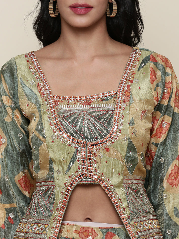 Green tissue embroidered jacket ghagra set