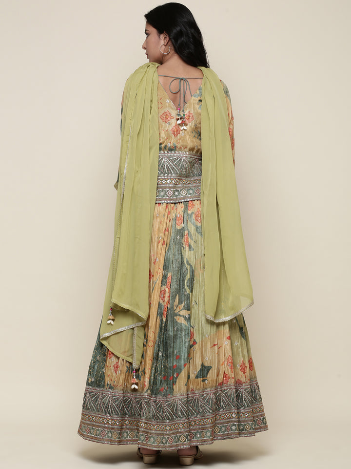 Green tissue embroidered jacket ghagra set