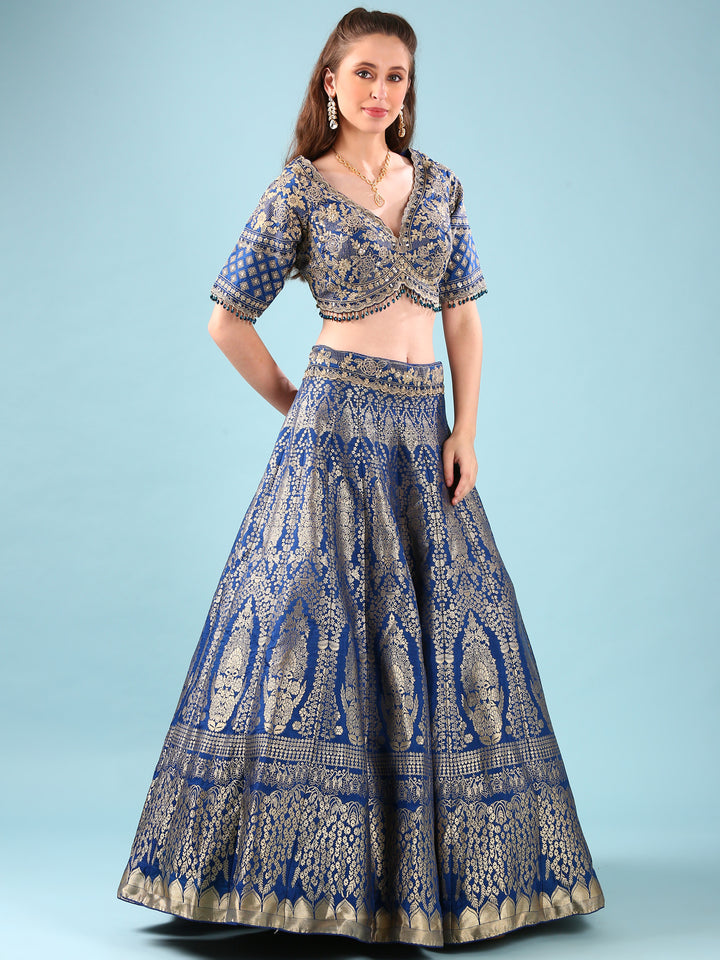 Blue Silk Hand Embroidery Ghagra Set