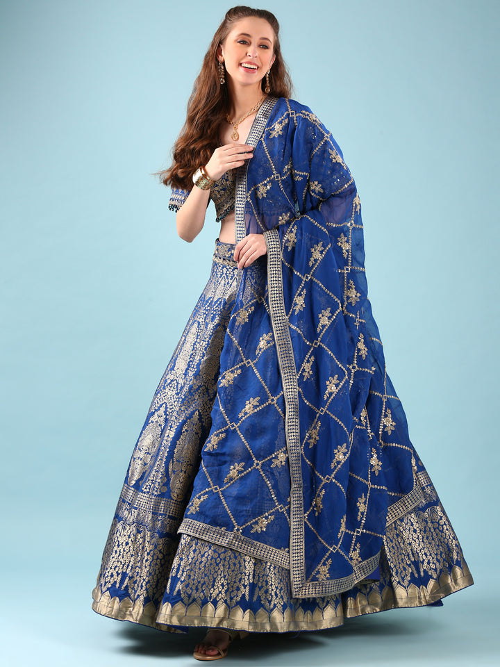 Blue Silk Hand Embroidery Ghagra Set