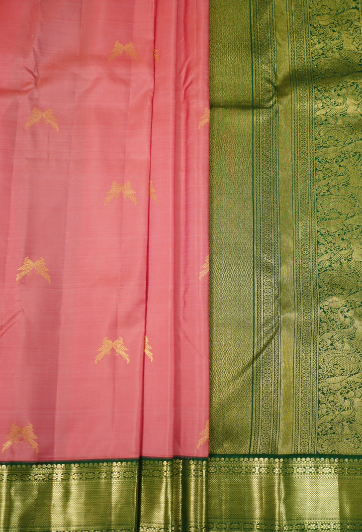 Pink Kanchi Pattu Saree With Contrast Blouse
