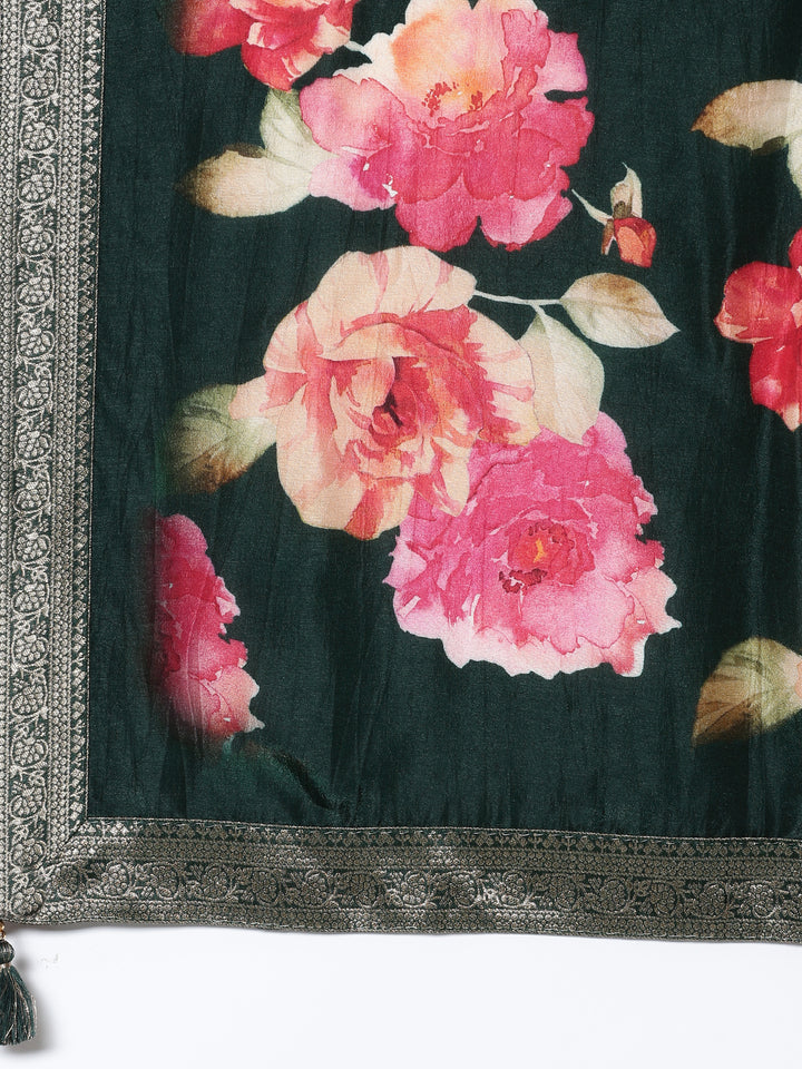 Bottle green silk anarkali embroidered three piece suit set