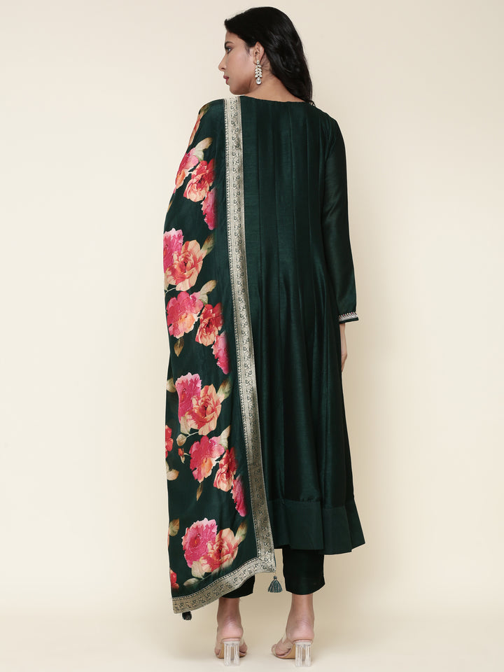 Bottle green silk anarkali embroidered three piece suit set