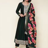 Bottle green silk anarkali embroidered three piece suit set