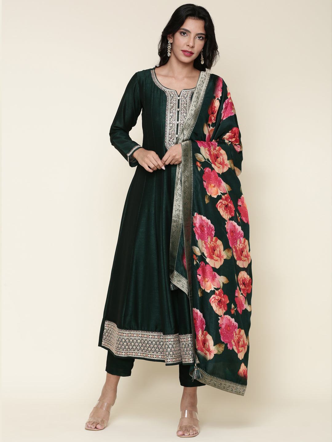 Neerus Green Ethnic Embroidered Silk Anarkali Suit Set - Anarkali + Churidar + Dupatta for Wedding Women Neerus India Neerus Green Ethnic Embroidered Silk Anarkali Suit Set - Anarkali + Churidar + Dupatta for Wedding Women Neerus India