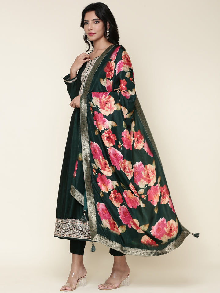 Bottle green silk anarkali embroidered three piece suit set