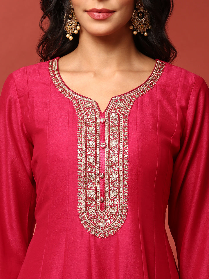 Sindoori pink silk embroidered Three piece anarkali set