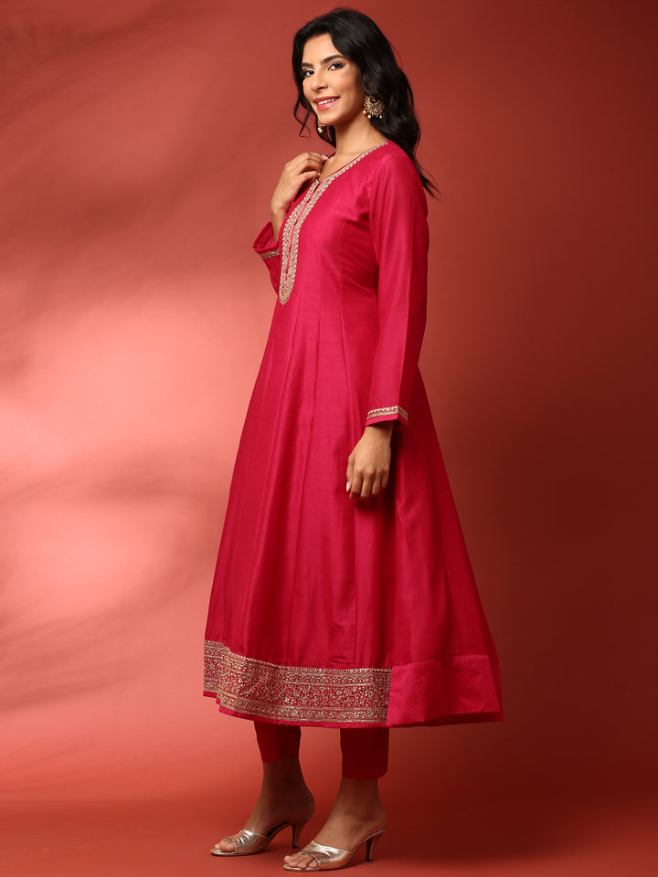 Sindoori pink silk embroidered Three piece anarkali set