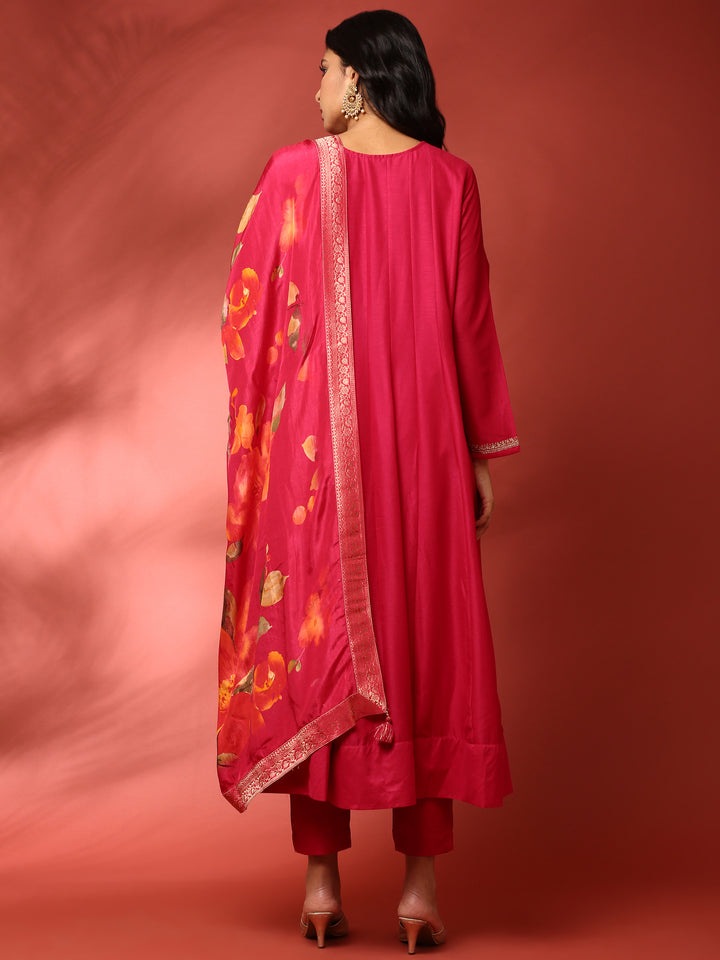 Sindoori pink silk embroidered Three piece anarkali set