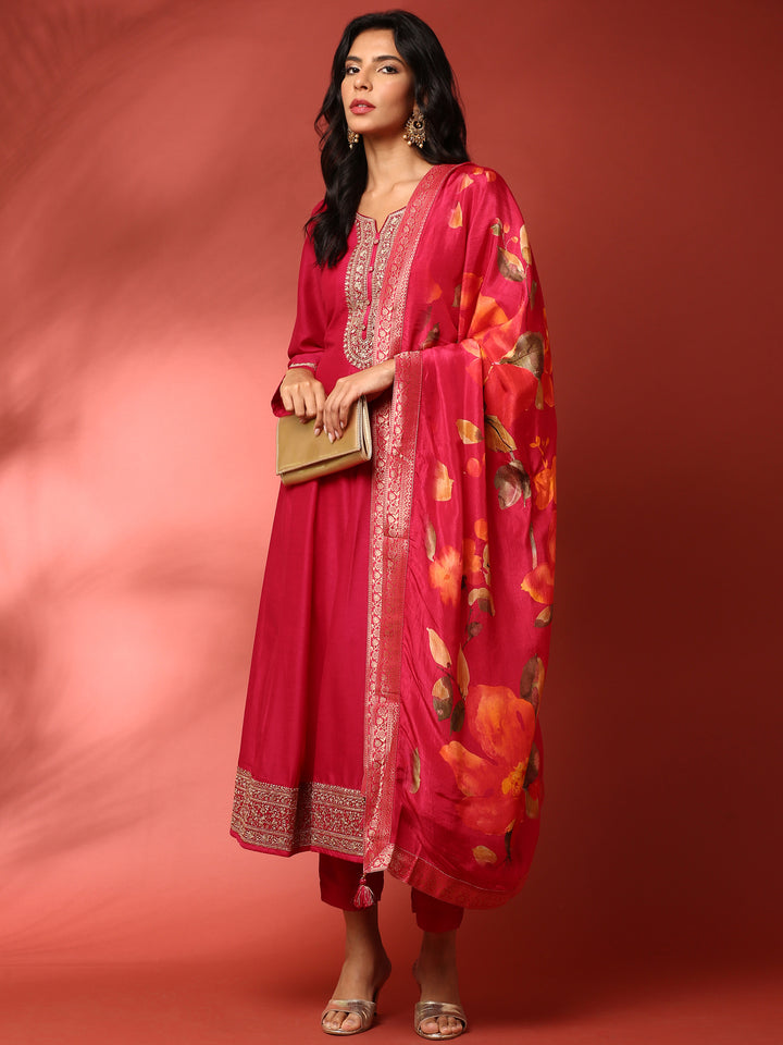 Sindoori pink silk embroidered Three piece anarkali set