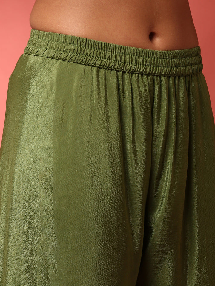 Green banarasi silk embroidered short kurta and palazoo Three piece set