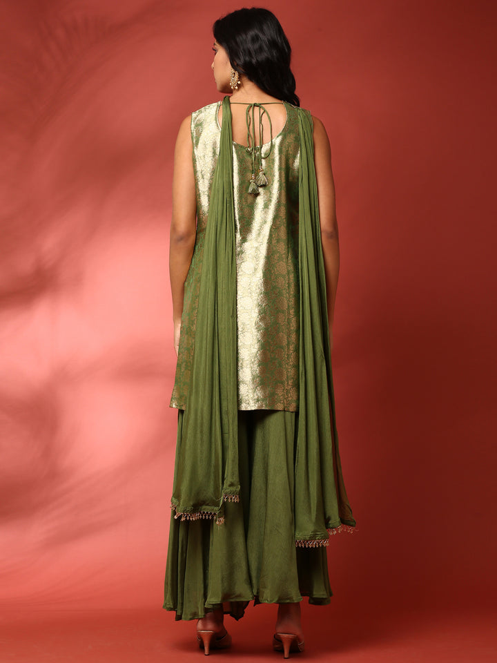 Green banarasi silk embroidered short kurta and palazoo Three piece set