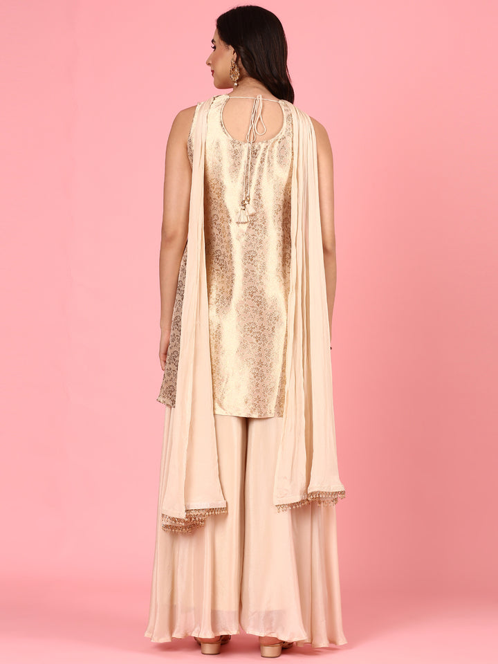 Beige Banaras short kurta and palazoo Three piece set