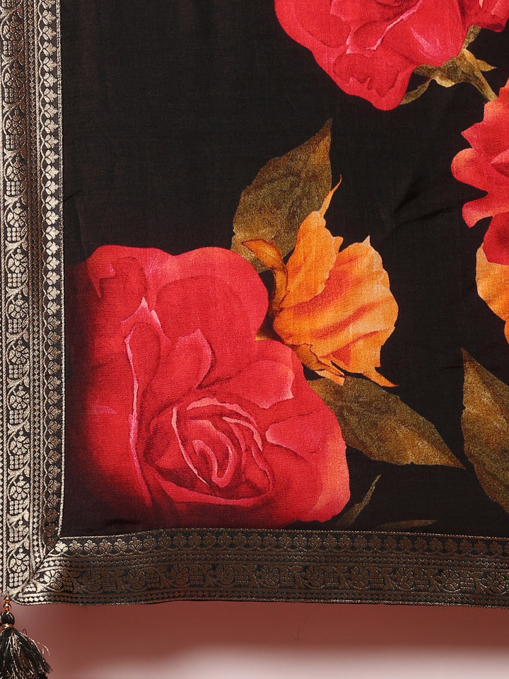 Black Vichitra silk aari embroidered three piece anarkali set