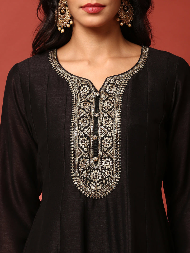 Black Vichitra silk aari embroidered three piece anarkali set