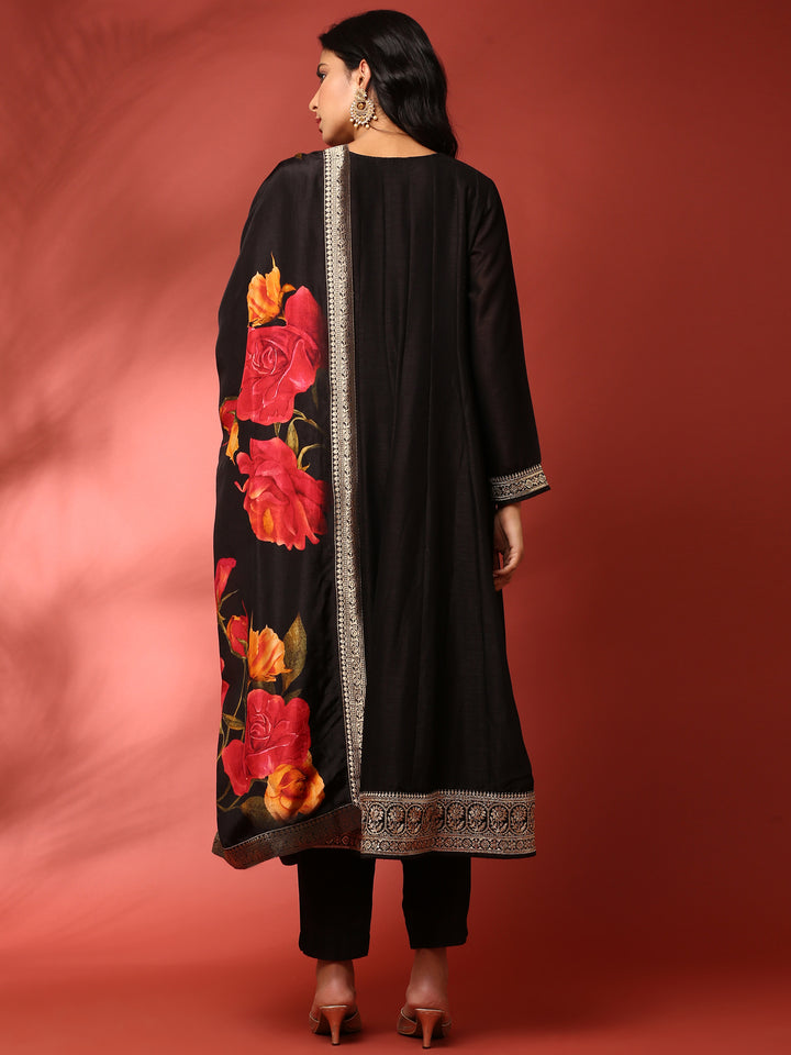 Black Vichitra silk aari embroidered three piece anarkali set