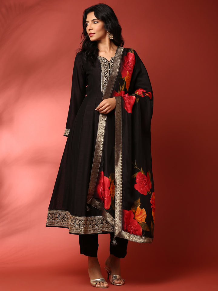 Black Vichitra silk aari embroidered three piece anarkali set