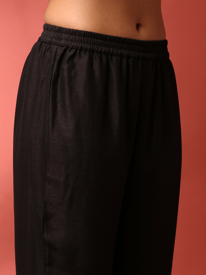 Black Vichitra silk aari embroidered three piece anarkali set