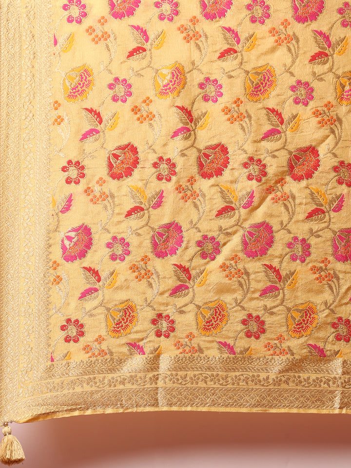 Yellow silk embroidered Three piece anarkali set