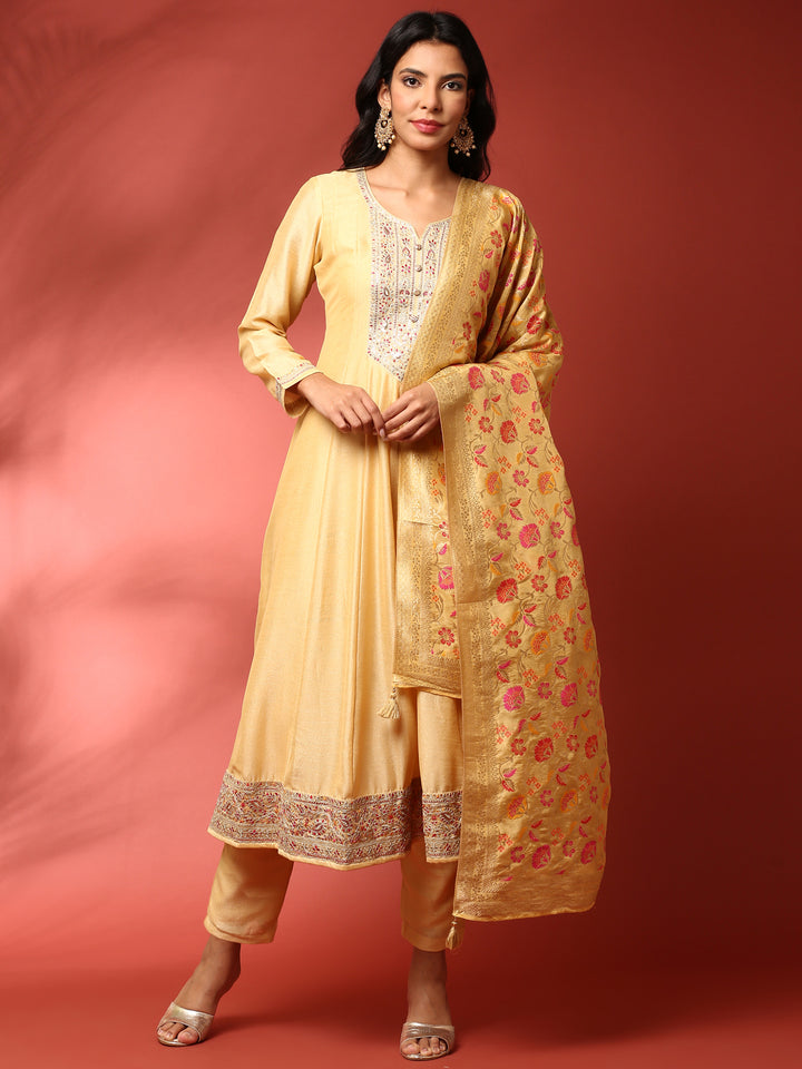 Yellow silk embroidered Three piece anarkali set