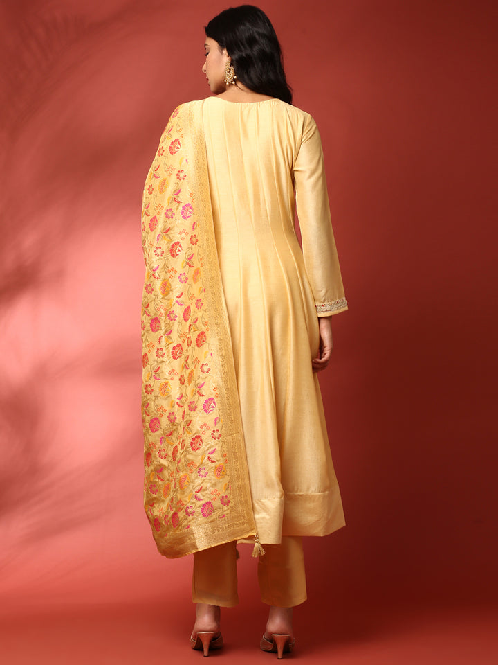 Yellow silk embroidered Three piece anarkali set