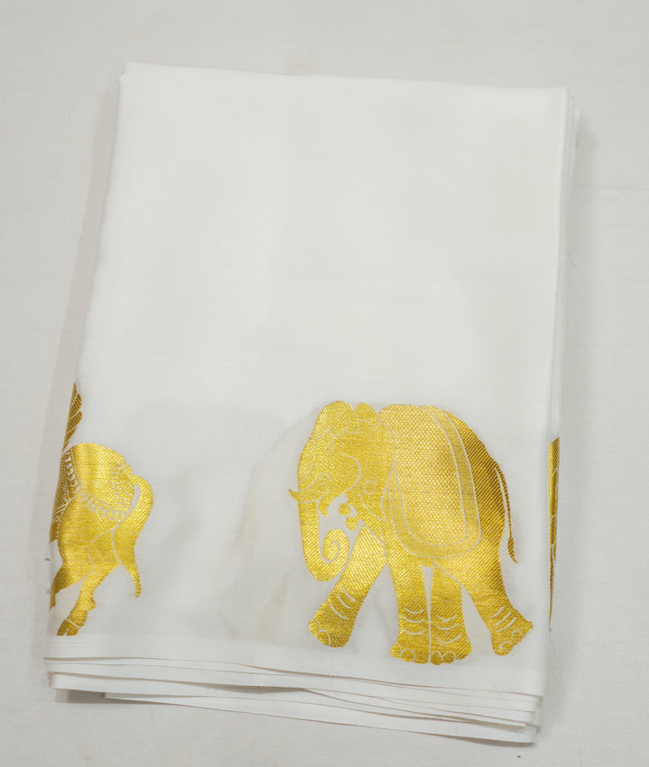 Off White Chapa Silk Gold Zari With Elephant And Unicorn Design
