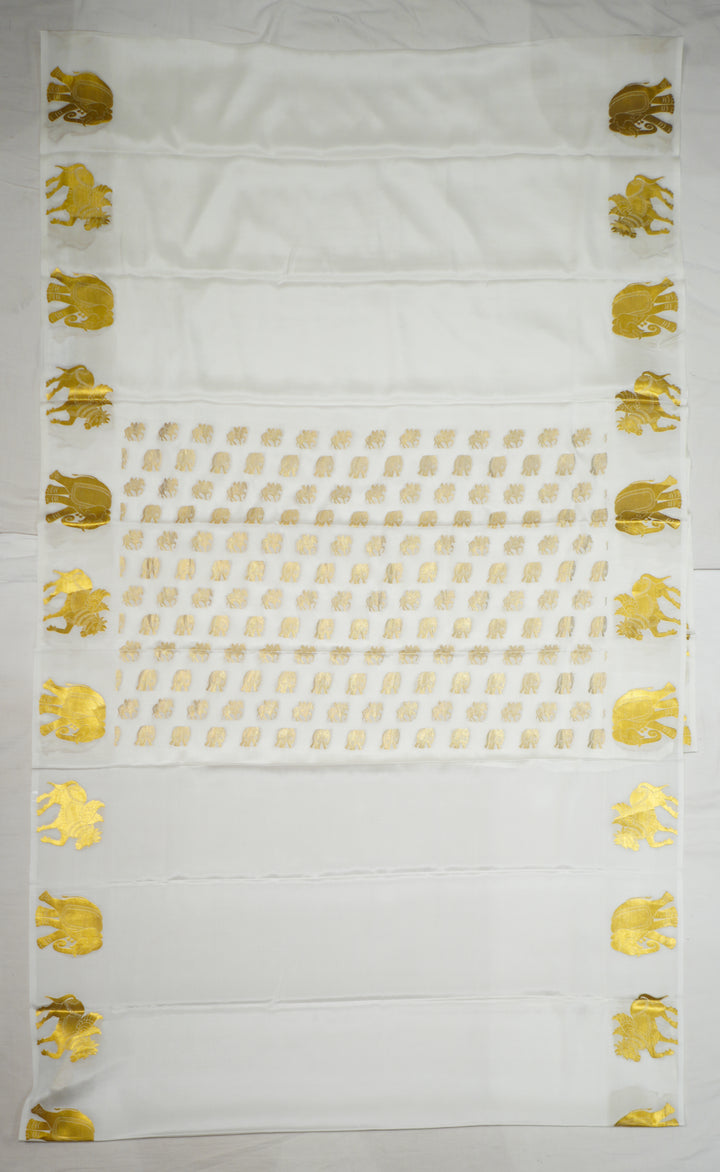 Off White Chapa Silk Gold Zari With Elephant And Unicorn Design