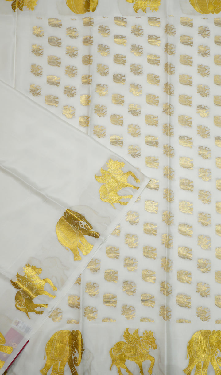 Off White Chapa Silk Gold Zari With Elephant And Unicorn Design