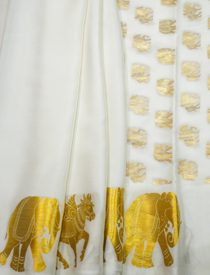 Off White Chapa Silk Gold Zari With Elephant And Unicorn Design