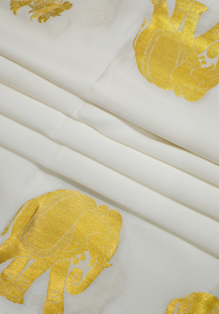 Off White Chapa Silk Gold Zari With Elephant And Unicorn Design