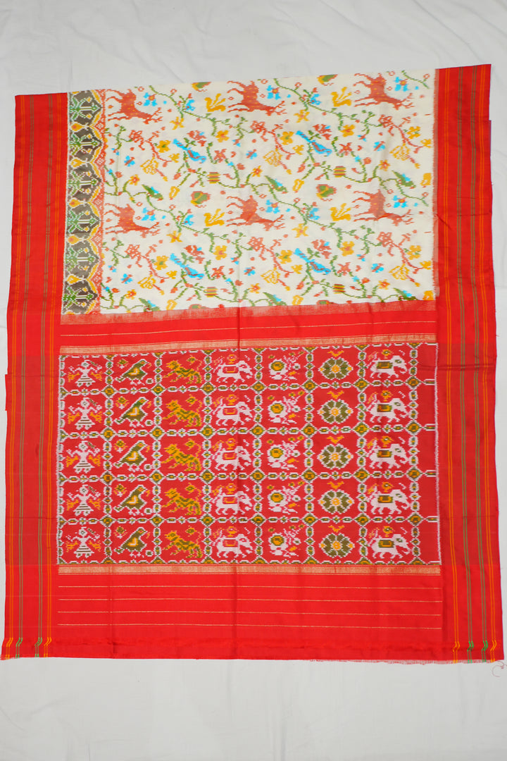 Cream Patola Handloom Saree With Multicolor Border