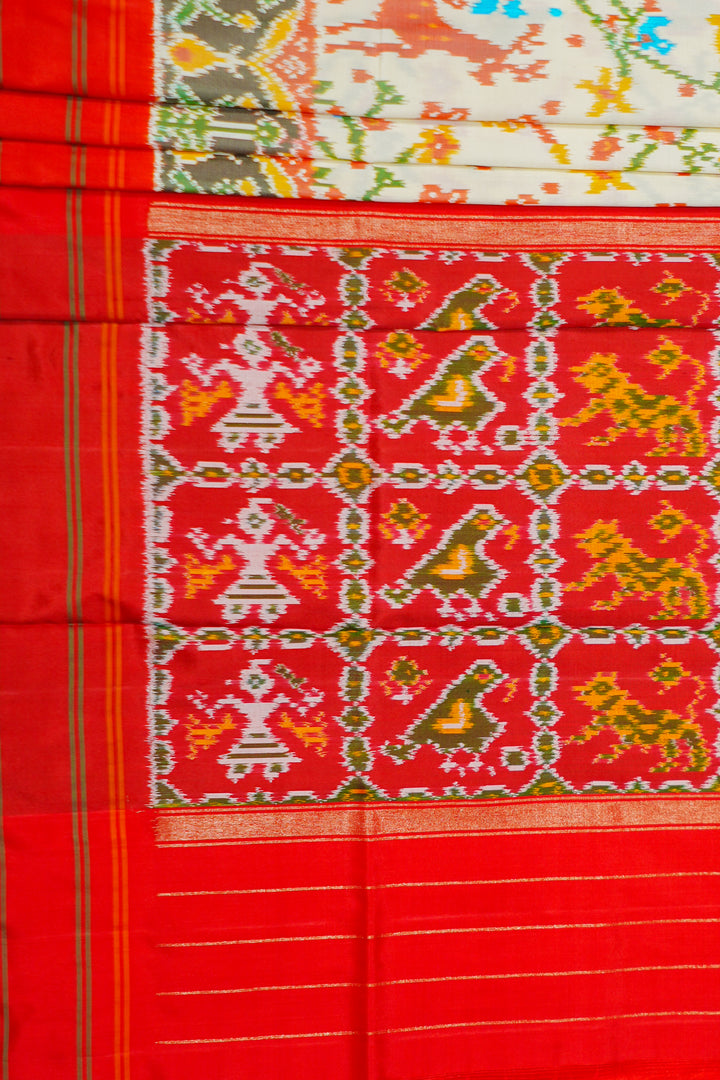 Cream Patola Handloom Saree With Multicolor Border